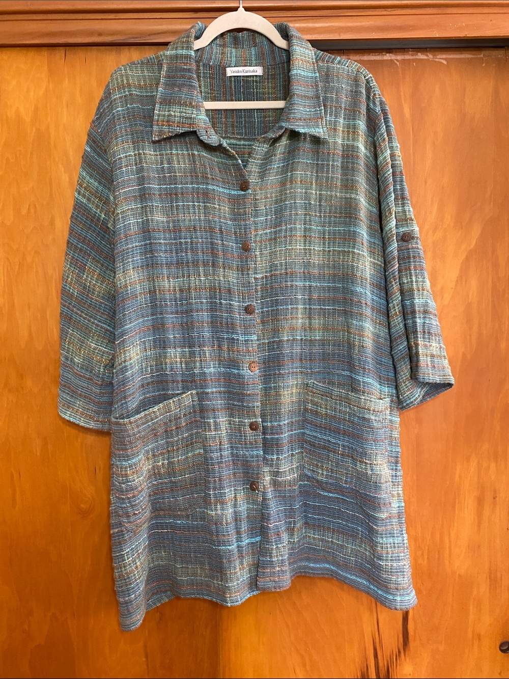 Yasuko Kurisaka Blue Weave Woven 100% Cotton Button-Front Shirt Jacket Chore
